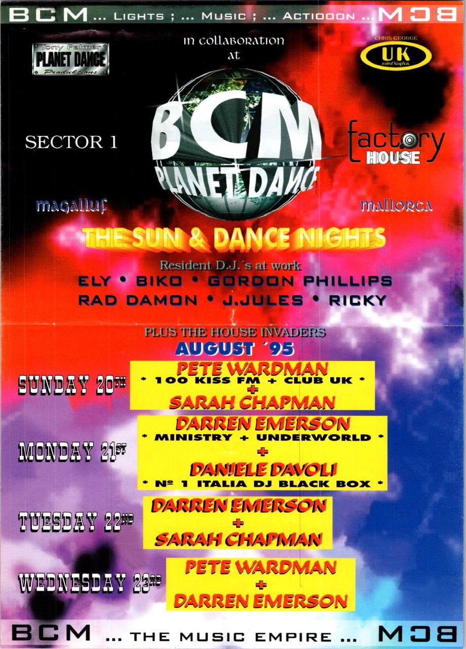 Sarah Chapman DJ flyer, BCM Planet Dance Magalluf, The Sun & Dance Nights, August 1995, with Pete Wardman, Darren Emerson, Daniele Davoli