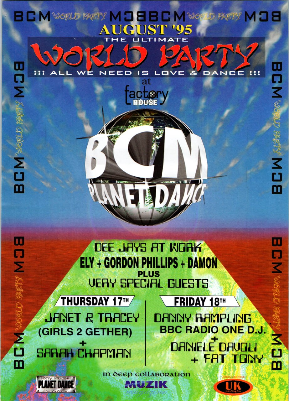 Sarah Chapman DJ flyer, BCM Planet Dance Magalluf, The Ultimate World Party, August 1995, with Danny Rampling, Daniele Davoli, Fat Tony