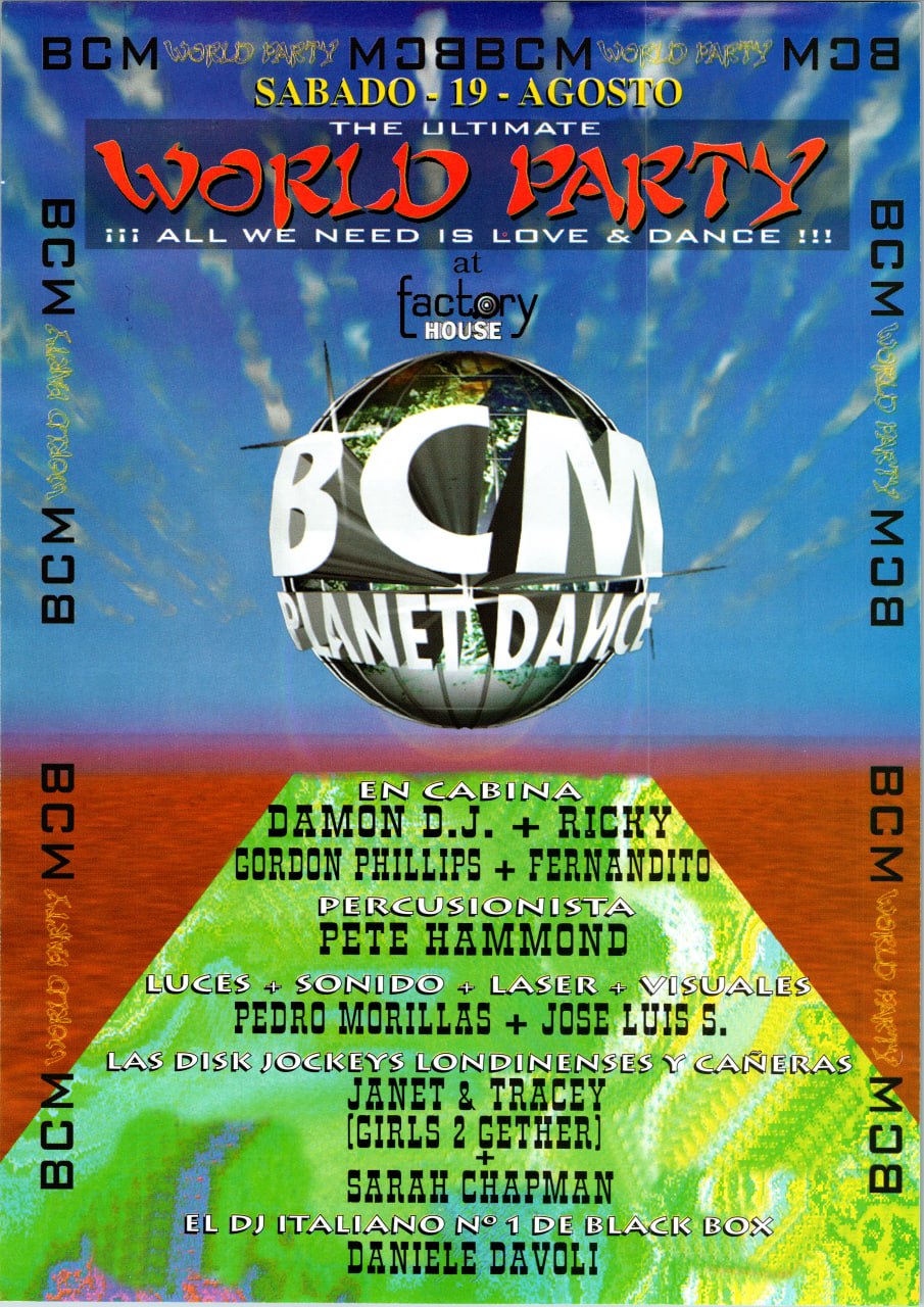 Sarah Chapman DJ flyer, BCM Planet Dance Magalluf, The Ultimate World Party, 19 August 1995 Spanish edition, with Daniele Davoli