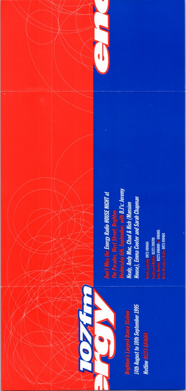 Sarah Chapman DJ flyer, Energy Radio House Night, The Paradox Brighton, September 1995, with Jeremy Healy, Andy Mac