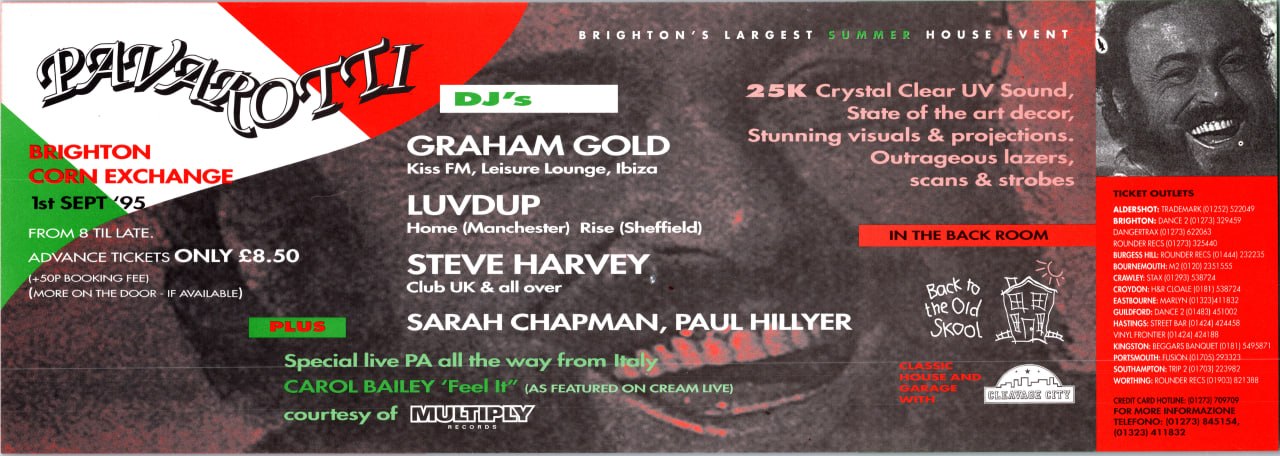 Sarah Chapman DJ flyer, Pavarotti, Brighton Corn Exchange, September 1995, with Graham Gold, LuvDup, Steve Harvey